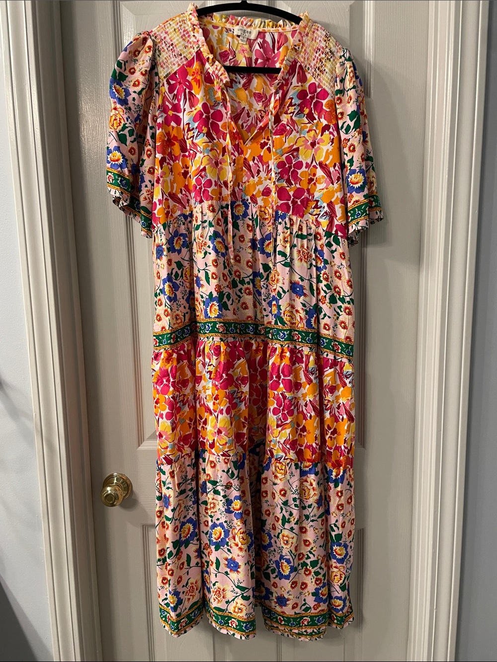 Umgee Pink & Yellow Floral Maxi Dress with Green Trim